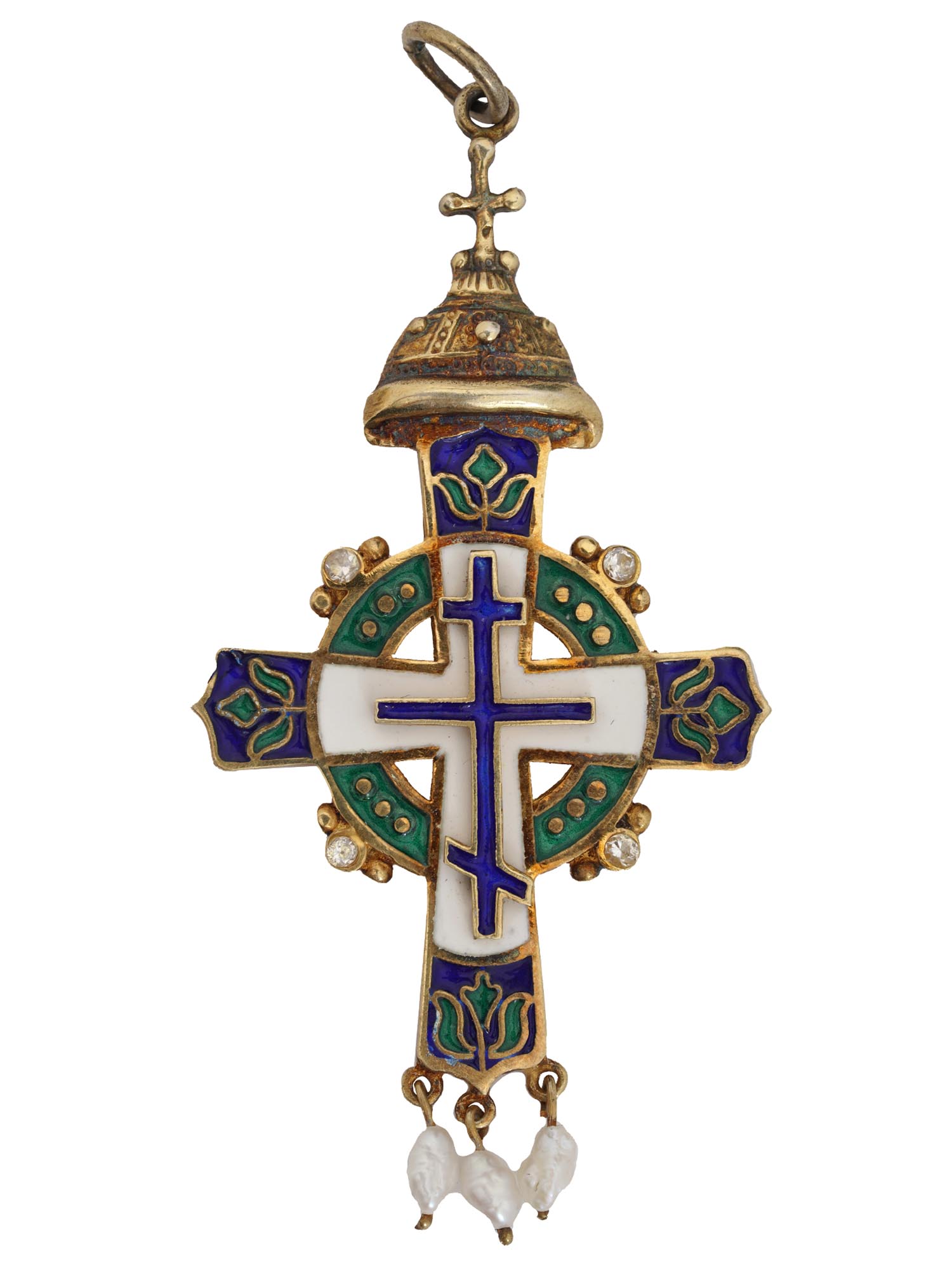 RUSSIAN SILVER ENAMEL CROSS PENDANT WITH PEARLS PIC-0